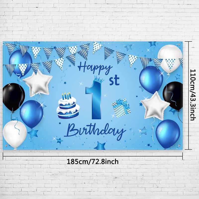Blulu Happy 1st Birthday Backdrop Banner Blue Newborn Boys First Birthday Backdrop Photography Background for 1st Birthday Baby Shower Party Decorations Supplies 72.8 x 43.3 Inch - Image 2