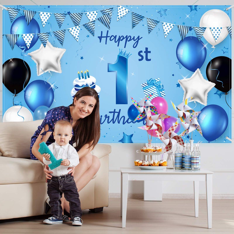 Blulu Happy 1st Birthday Backdrop Banner Blue Newborn Boys First Birthday Backdrop Photography Background for 1st Birthday Baby Shower Party Decorations Supplies 72.8 x 43.3 Inch - Image 4