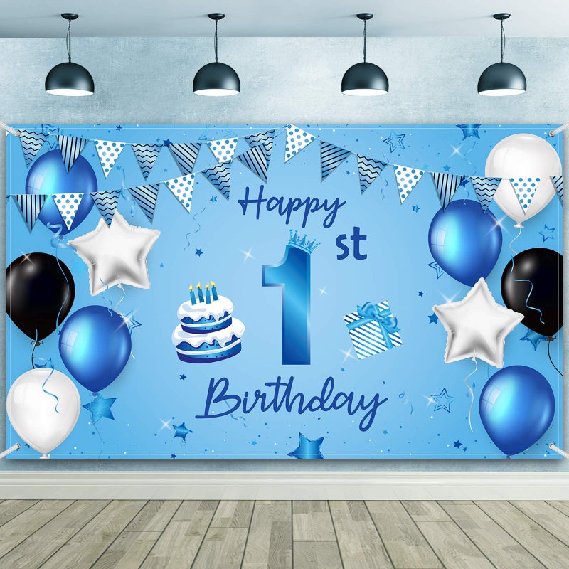 Blulu Happy 1st Birthday Backdrop Banner Blue Newborn Boys First Birthday Backdrop Photography Background for 1st Birthday Baby Shower Party Decorations Supplies 72.8 x 43.3 Inch - Image 1