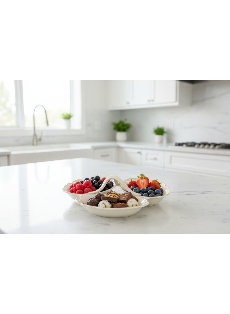 AKDC Angela Premium Cream Ceramic 3-Leaf Candy Serving Bowl with Floral Design 19×13 cm Each Decorative Tableware - Image 4