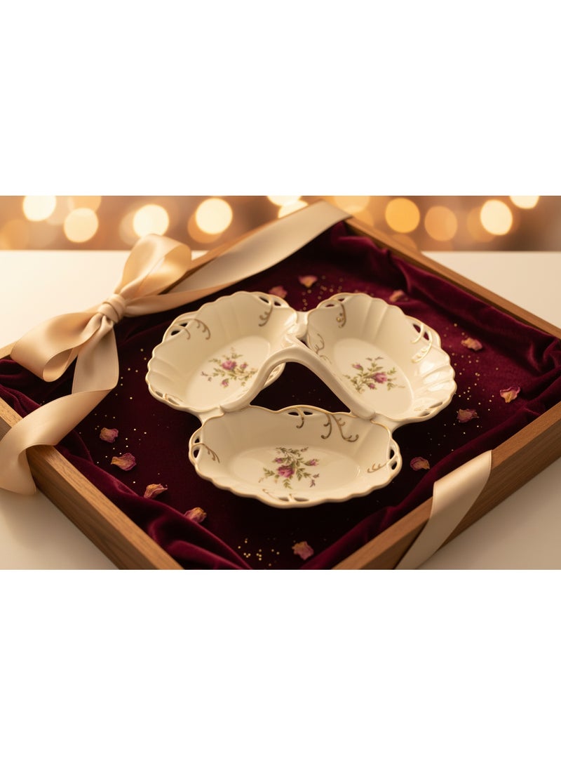 AKDC Angela Premium Cream Ceramic 3-Leaf Candy Serving Bowl with Floral Design 19×13 cm Each Decorative Tableware - Image 3