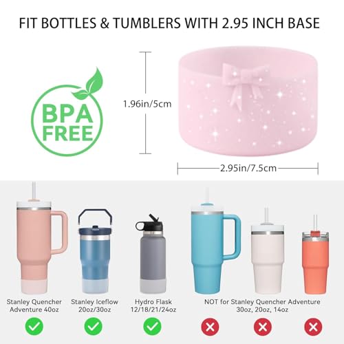 HIUSITY Glitter Bow Silicone Boot for Stanley Quencher Tumbler H2.0 30oz 40oz& IceFlow 20oz 30oz& for Owala 24oz& Hydroflask Water Bottle 12-24oz Protective Bottom Sleeve for Stanley Cup Accessories - Image 2