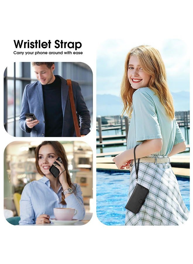 Arae Compatible with iPhone 16 Case Wallet with Card Holder, Wristlet Strap Wallet Flip Cover for iPhone 16 6.1 inch Men/Women, RFID Blocking, Kickstand,Litchi Black - Image 5