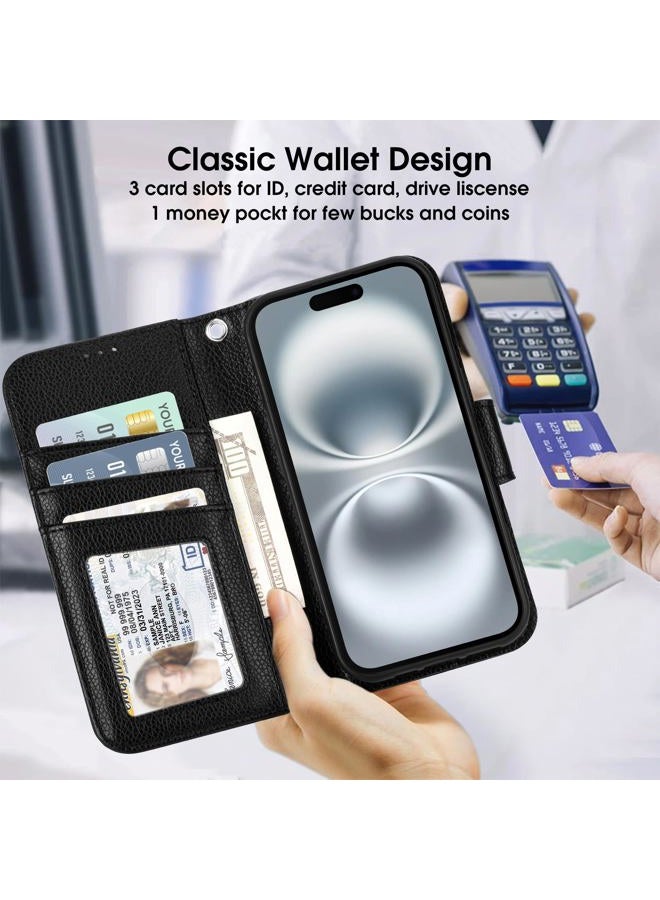 Arae Compatible with iPhone 16 Case Wallet with Card Holder, Wristlet Strap Wallet Flip Cover for iPhone 16 6.1 inch Men/Women, RFID Blocking, Kickstand,Litchi Black - Image 3