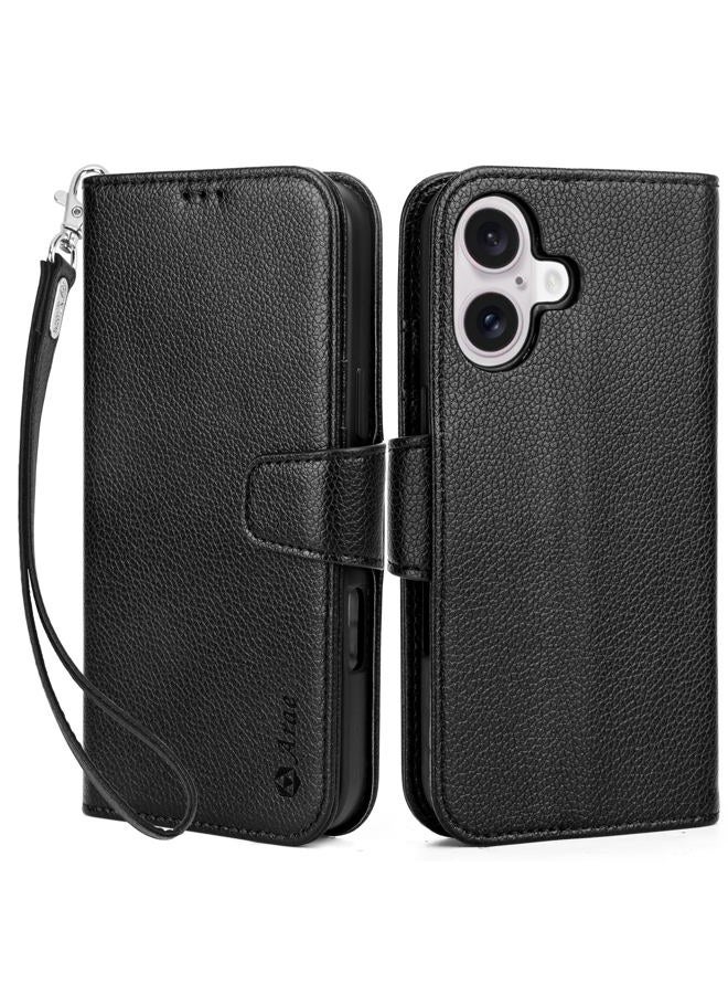 Arae Compatible with iPhone 16 Case Wallet with Card Holder, Wristlet Strap Wallet Flip Cover for iPhone 16 6.1 inch Men/Women, RFID Blocking, Kickstand,Litchi Black - Image 1