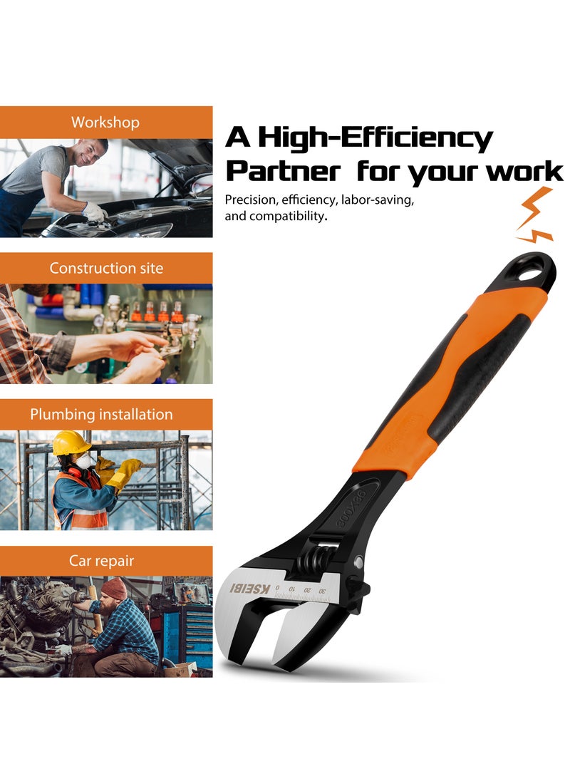 Adjustable Wrench with Progrip Handle, Carbon Steel Adjusting Design, Metric & SAE Scales, Cr-V Stee with Wide Jaw for Machine Maintenance, Home, Garage, Workshop, Crafts, Hand Tool/Black Finish.