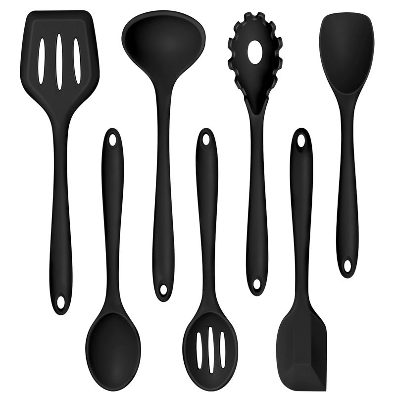 TeamFar TeamFar Silicone Cooking Utensil Set of 7 Black Kitchen Nonstick Tools Turner Spoon Spatula Ladle Pasta Server for Nonstick Cookware Healthy  OnePiece AntiHeat  Dishwasher Safe 