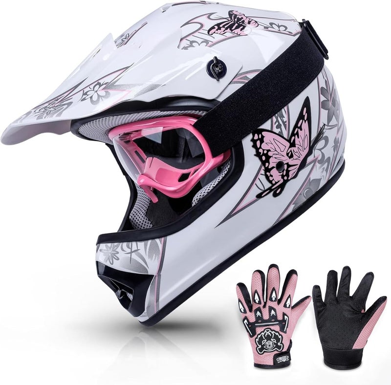 TCMT Youth & Kids Motorcycle Off-Road Full Face Helmet with Goggles and Gloves - Pink Butterfly Design - Image 1