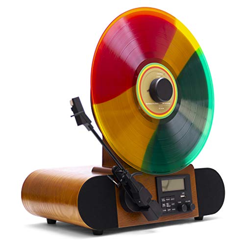 Fuse Vert Vertical Vinyl Record Player | FM Radio, Bluetooth, AUX, USB | Alarm Clock | Audio Technica Cartridge | Full Range Speakers | Vintage Mid Century Modern | Handcrafted Ashtree Wood - Image 1