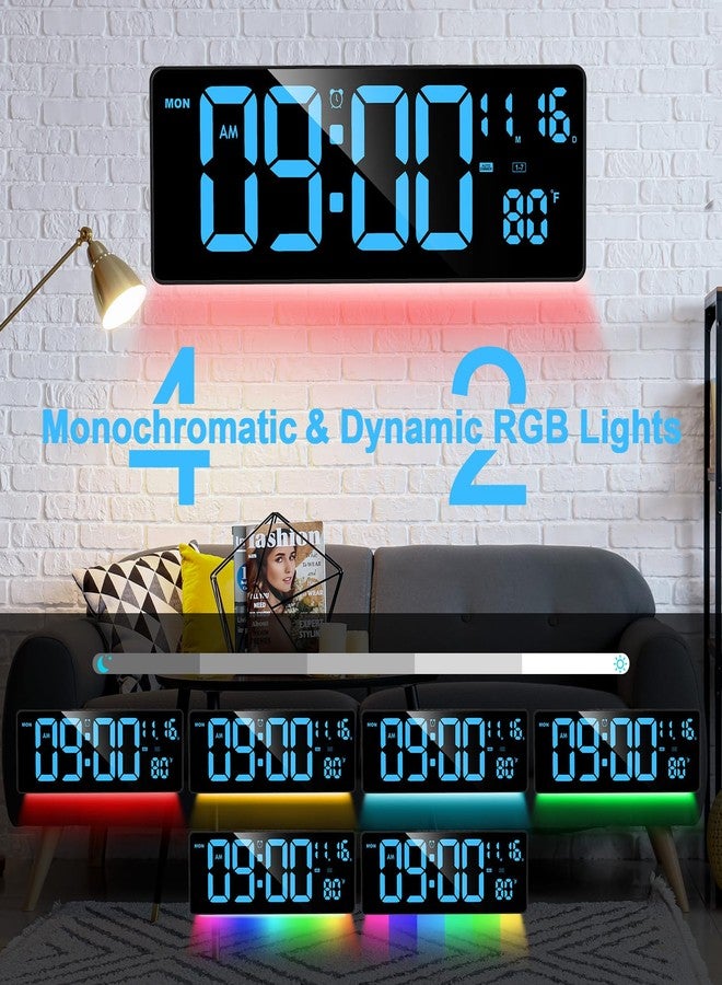 XREXS Digital Wall Clock Large Display, 16.5" LED Wall Clock with 6 Color Changes Night Lights, Auto DST, Count Up/Down Timer with Remote Control for Living Room Bedroom Office Wall Decor - Image 2