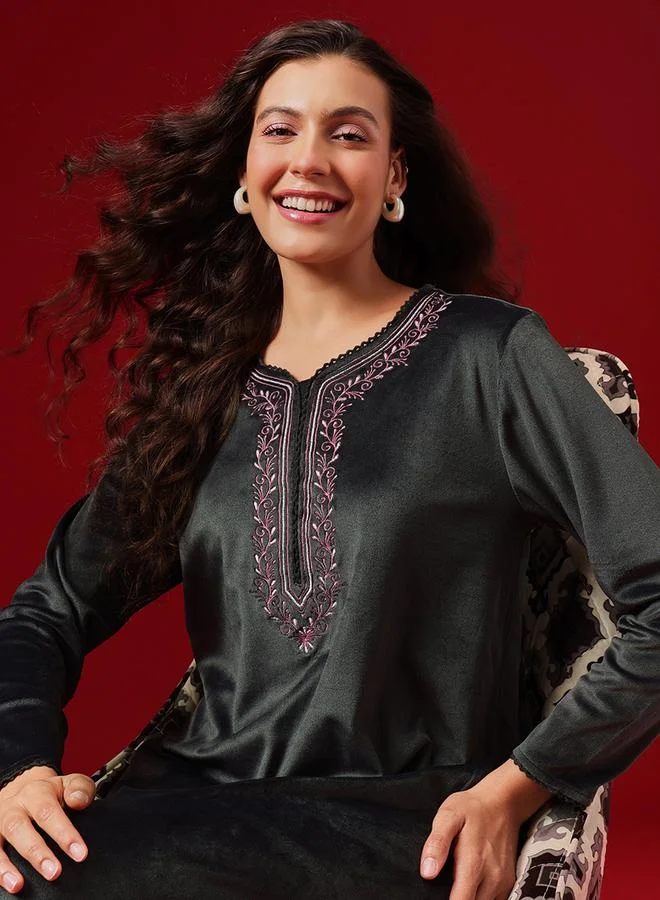 Clovia Grey Velour Nightdress with Embroidered Neckline