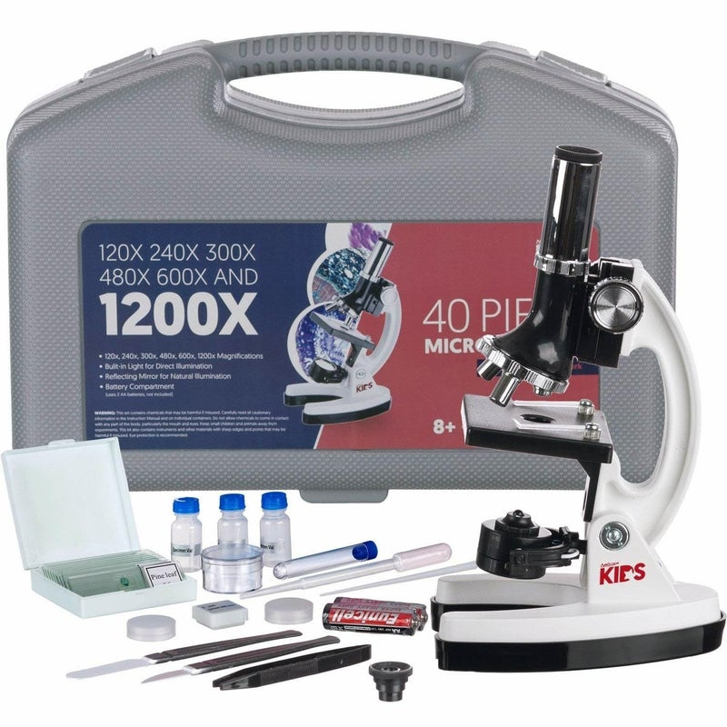 AmScope - FBA_M30-ABS-KT1-W AMSCOPE-Kids M30-ABS-KT1-W 120X-240X-300X-480X-600X-1200X 48pc Metal Arm & Base Educational Kids Biological Microscope Kit - Image 1
