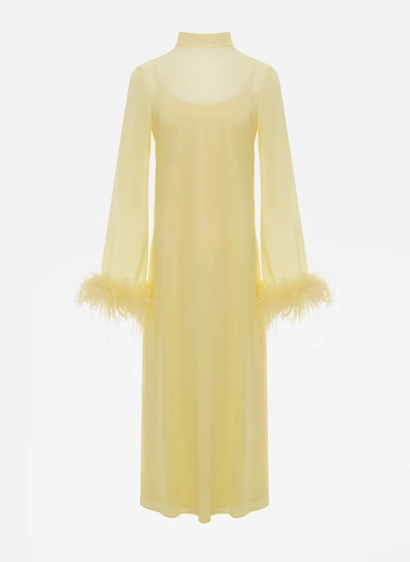 Lichi Straight midi dress with feathers on the cuffs