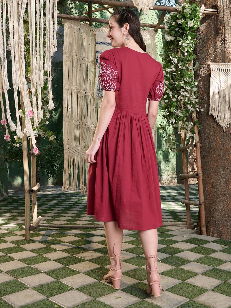 Stylum Women's Solid Cotton Flared Dress Maroon (X-Large) - Image 2