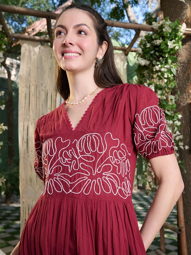 Stylum Women's Solid Cotton Flared Dress Maroon (X-Large) - Image 5
