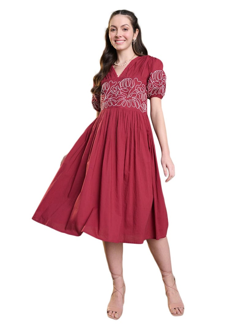 Stylum Women's Solid Cotton Flared Dress Maroon (X-Large) - Image 1