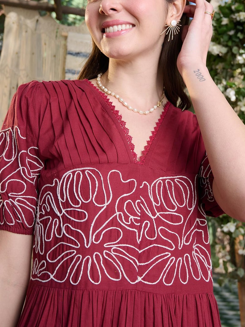 Stylum Women's Solid Cotton Flared Dress Maroon (X-Large) - Image 4