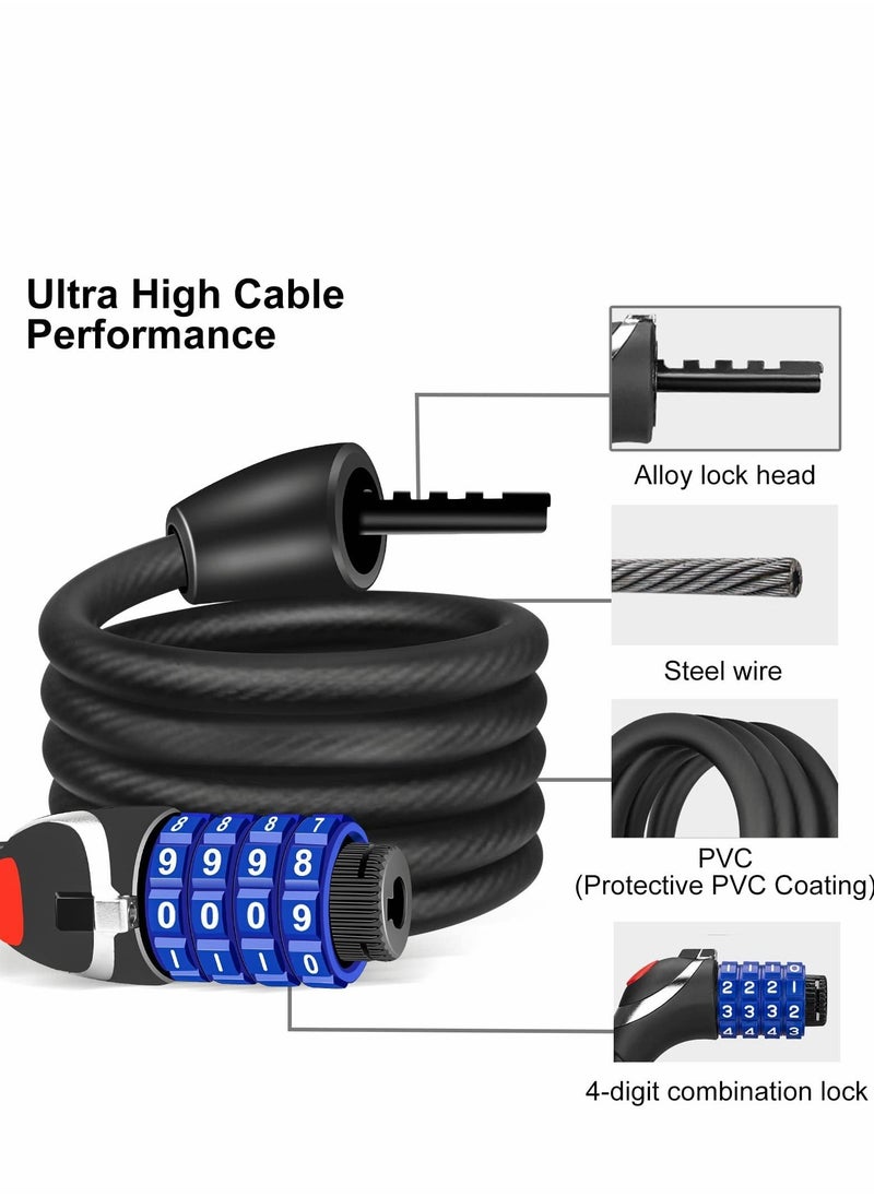 SYOSI - Bike Lock with LED Night Light 4-Digit Resettable Number Combination Cable Lock High Security Chain Lock for Bicycle Outdoors and Other Items That Need to Be Secured, 120cm/12mm (Black) - Image 1