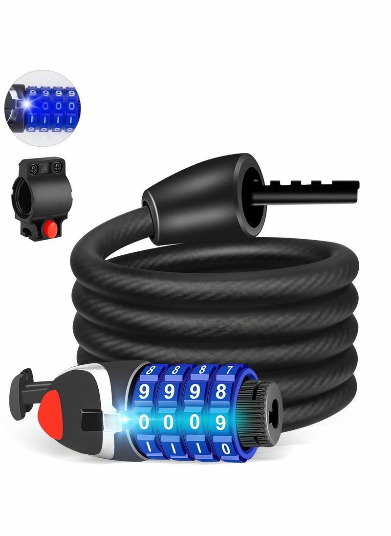 SYOSI - Bike Lock with LED Night Light 4-Digit Resettable Number Combination Cable Lock High Security Chain Lock for Bicycle Outdoors and Other Items That Need to Be Secured, 120cm/12mm (Black) - Image 1
