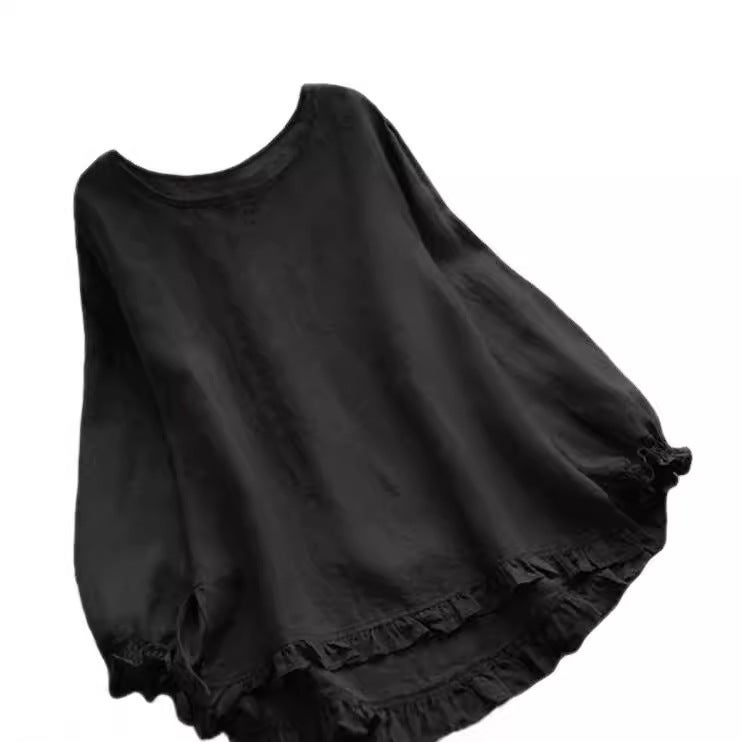 Women's Loose Fit Cotton-Linen Round Neck Long Sleeve Blouse with Ruffles - Image 4