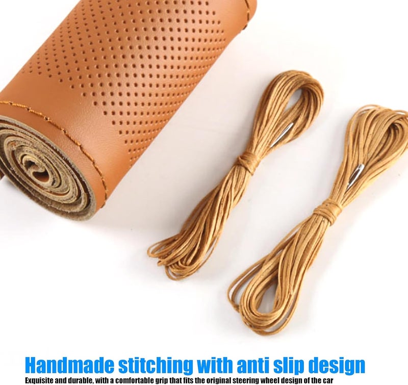NGHEY Pack-1 Leather Steering Wheel Cover, Universal Non-Slip Stitch On Wrap, DIY Car Wheel Cover Protector with Needle and Thread for Most Cars SUVs and Trucks (Brown) - Image 3