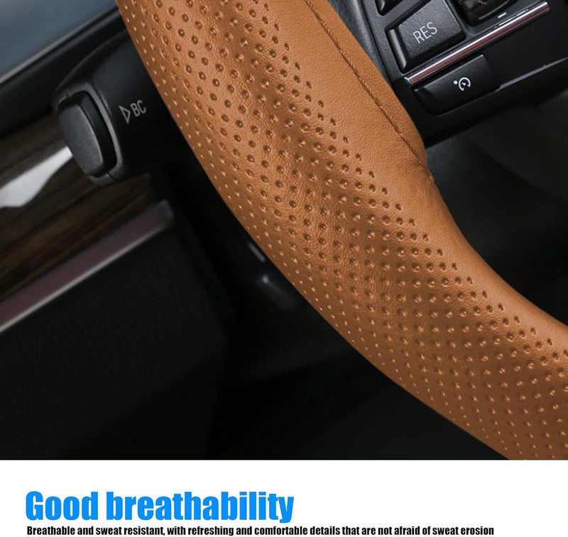NGHEY Pack-1 Leather Steering Wheel Cover, Universal Non-Slip Stitch On Wrap, DIY Car Wheel Cover Protector with Needle and Thread for Most Cars SUVs and Trucks (Brown) - Image 2