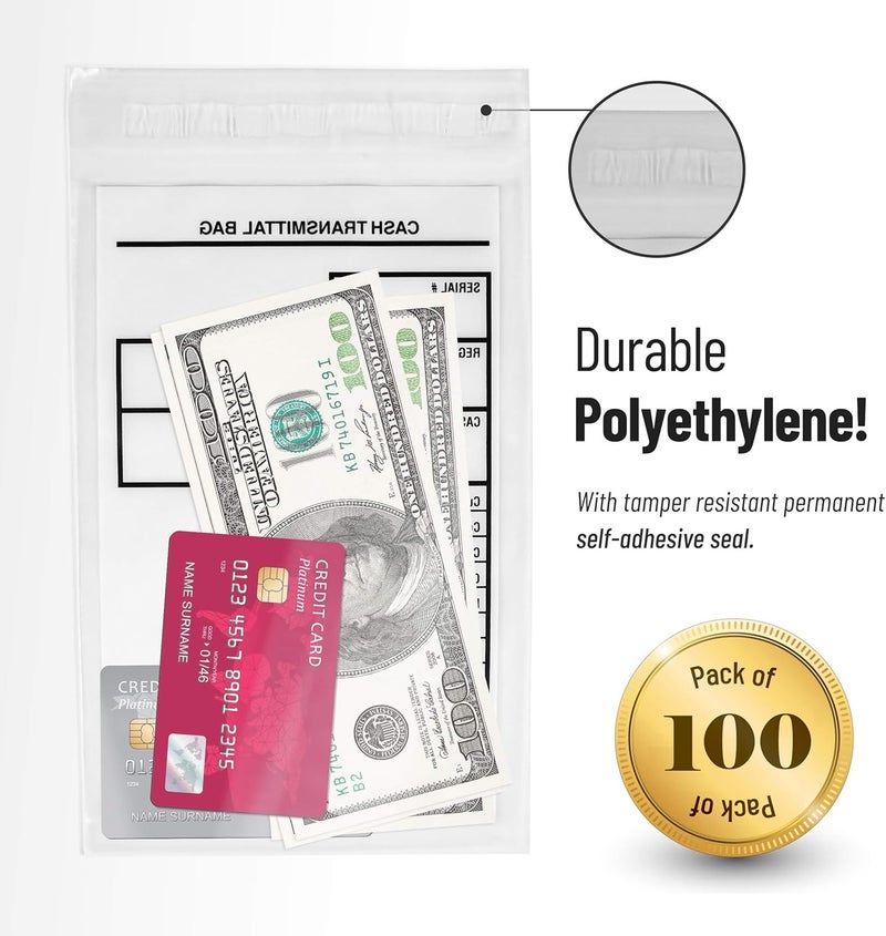 Noe & Malu VaultGuard Tamper Proof Bank Deposit Bags - Self-Adhesive Seal, Write-On Surface, 6"x9" Clear Plastic Cash Envelopes | Pack of 100 - Image 2