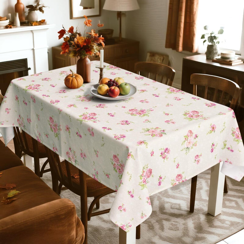 Arquiel Pink Floral Tablecloth Waterproof, Beige Table Cloth Rectangle Stain Resistant, Washable Table Cover for Home Kitchen Dining Party Decoration (60Ã—84 inch) - Image 2