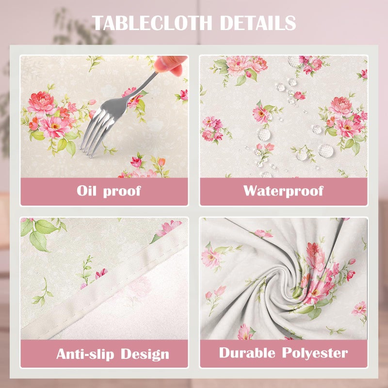 Arquiel Pink Floral Tablecloth Waterproof, Beige Table Cloth Rectangle Stain Resistant, Washable Table Cover for Home Kitchen Dining Party Decoration (60Ã—84 inch) - Image 5