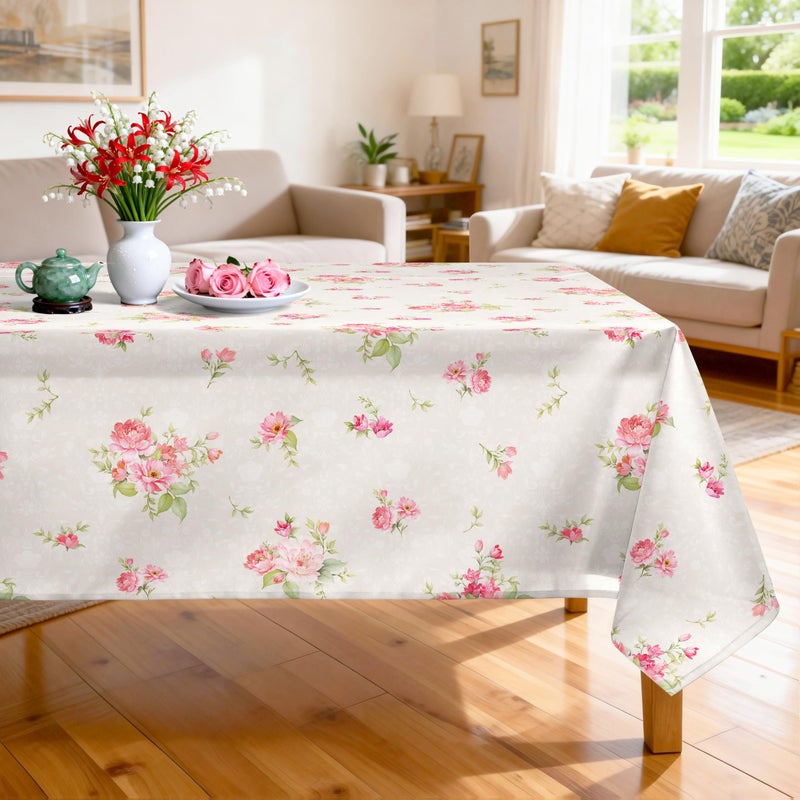 Arquiel Pink Floral Tablecloth Waterproof, Beige Table Cloth Rectangle Stain Resistant, Washable Table Cover for Home Kitchen Dining Party Decoration (60Ã—84 inch) - Image 1