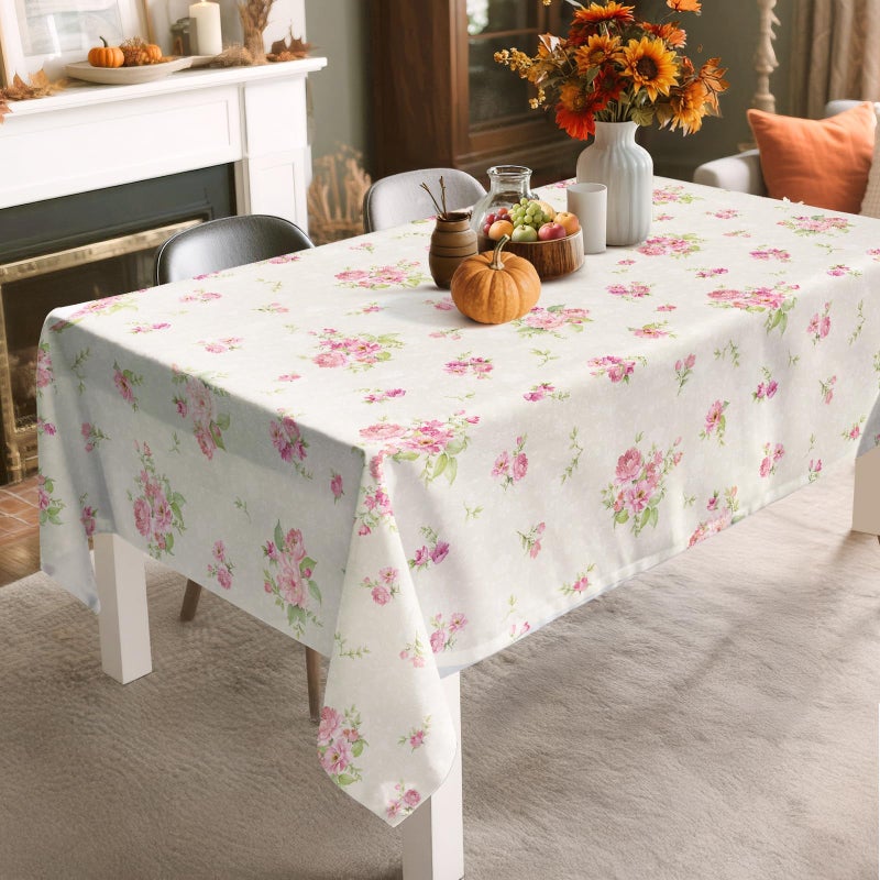 Arquiel Pink Floral Tablecloth Waterproof, Beige Table Cloth Rectangle Stain Resistant, Washable Table Cover for Home Kitchen Dining Party Decoration (60Ã—84 inch) - Image 3