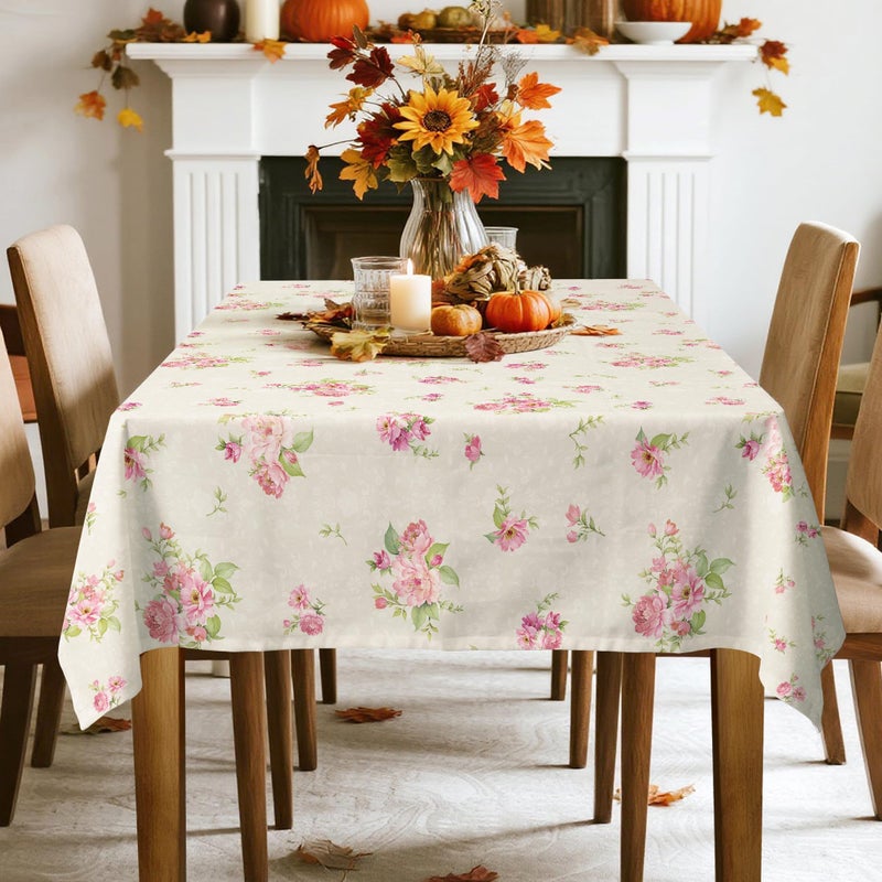 Arquiel Pink Floral Tablecloth Waterproof, Beige Table Cloth Rectangle Stain Resistant, Washable Table Cover for Home Kitchen Dining Party Decoration (60Ã—84 inch) - Image 4