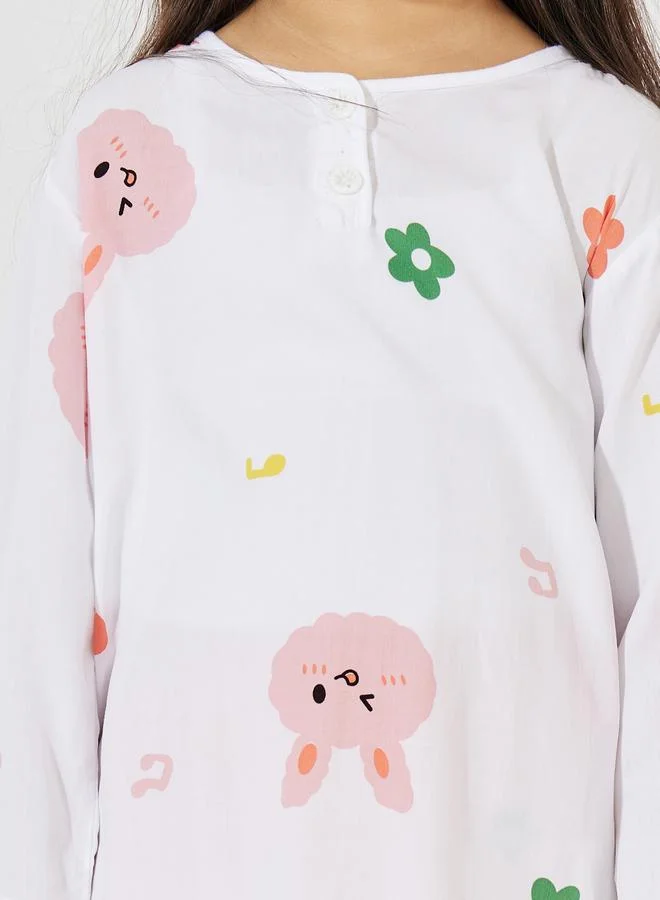 Styli Cartoon Print Long Sleeve Top & Pyjama Set
