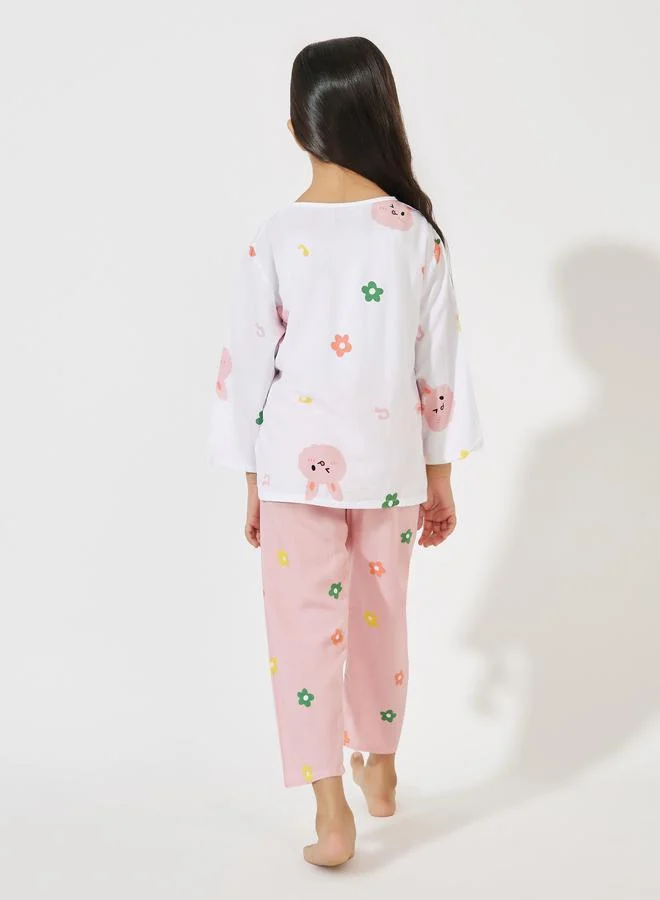 Styli Cartoon Print Long Sleeve Top & Pyjama Set