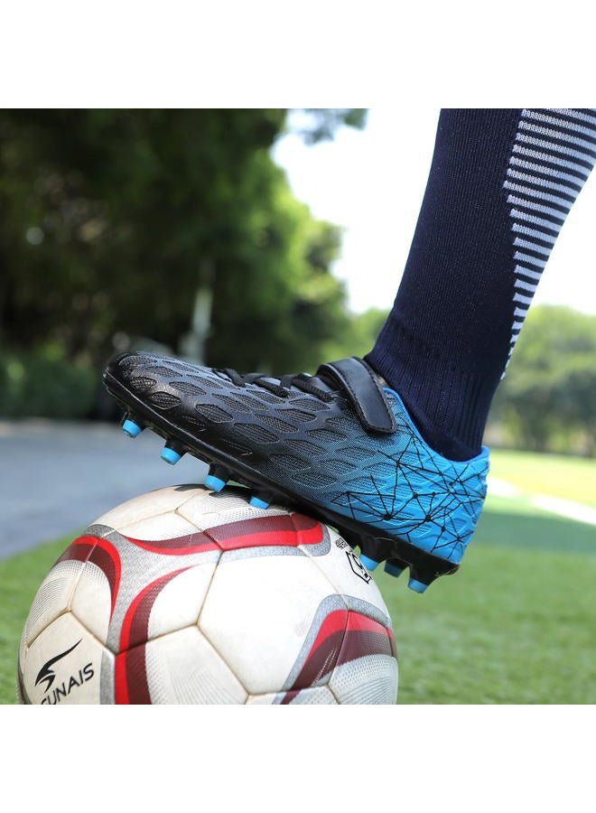 Skerxut Soccer Cleats, Kids Firm Ground Football Shoes, Boys Girls Athletic Outdoor, Black/Blue, 4 Big Kid - Image 2