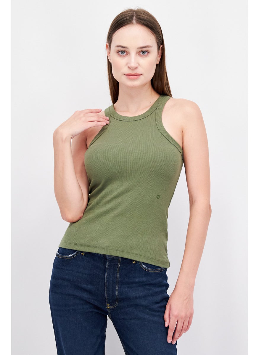 ESPRIT Women Crew Neck Short Sleeve Textured Top, Green  - Image 1