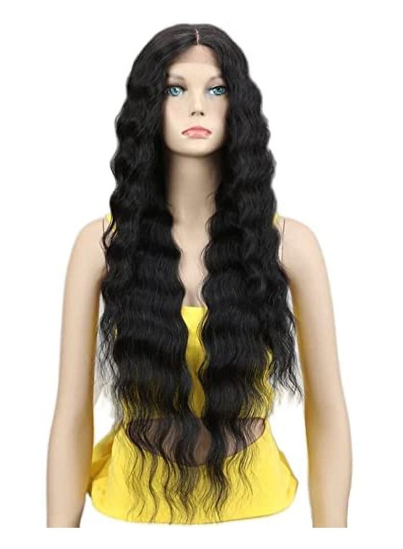 إستيل شعر مستعار أمامي من الدانتيل 24 بوصة شعر مستعار صناعي مموج طويل 4.5 بوصة دانتيل شفاف عالي الدقة للجزء العميق للنساء 130٪ شعر مستعار بكثافة (أسود اللون) - Image 1