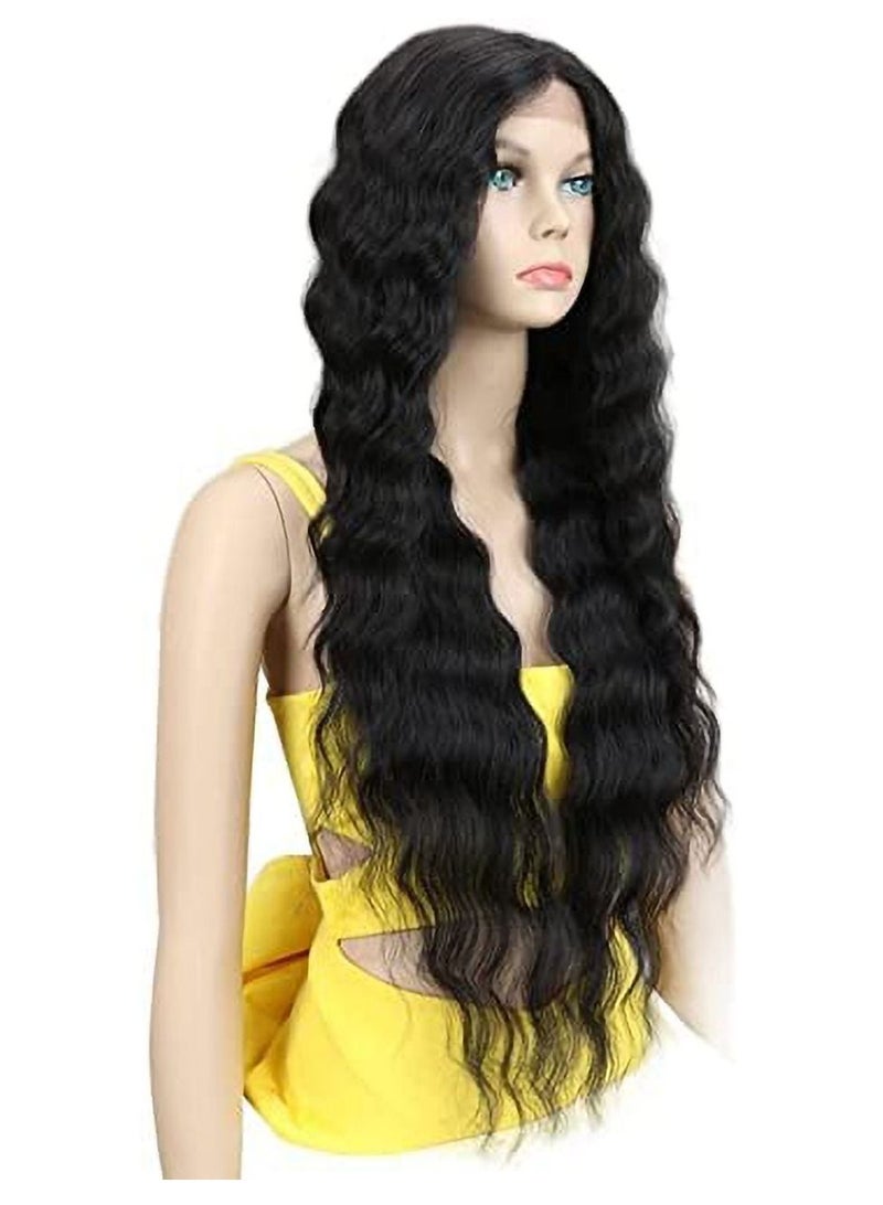 إستيل شعر مستعار أمامي من الدانتيل 24 بوصة شعر مستعار صناعي مموج طويل 4.5 بوصة دانتيل شفاف عالي الدقة للجزء العميق للنساء 130٪ شعر مستعار بكثافة (أسود اللون) - Image 3