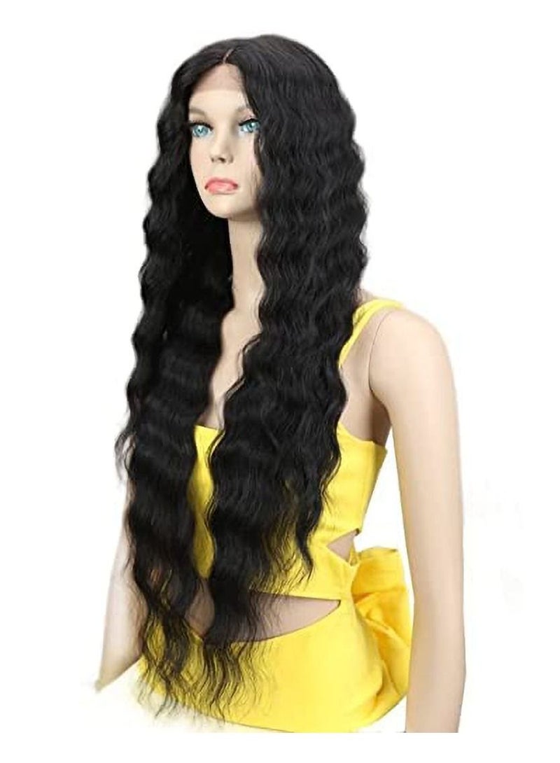 إستيل شعر مستعار أمامي من الدانتيل 24 بوصة شعر مستعار صناعي مموج طويل 4.5 بوصة دانتيل شفاف عالي الدقة للجزء العميق للنساء 130٪ شعر مستعار بكثافة (أسود اللون) - Image 2