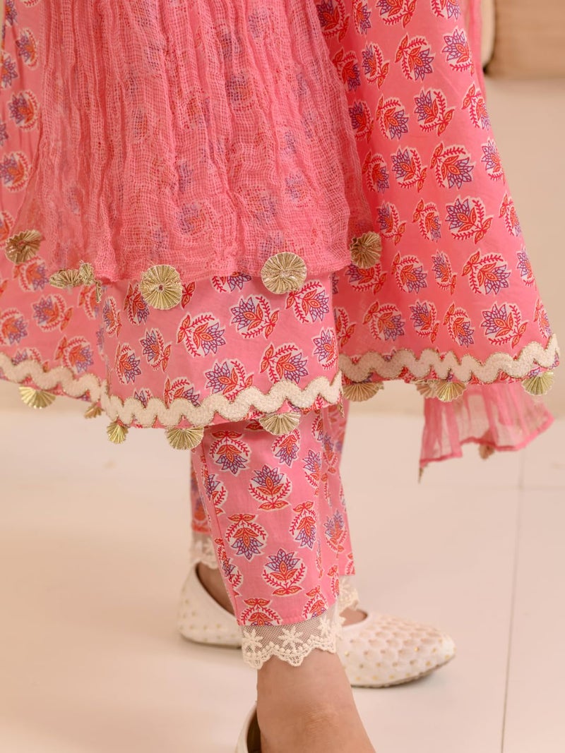 Pspeaches Girls Cotton Sleeveless Round Neck Floral Print Kurta And Pant With Dupatta 3 Piece Set|Ethnic Wear For Kids Girls|Traditional & Festive Outfit 15-16 Year Pink - Image 3