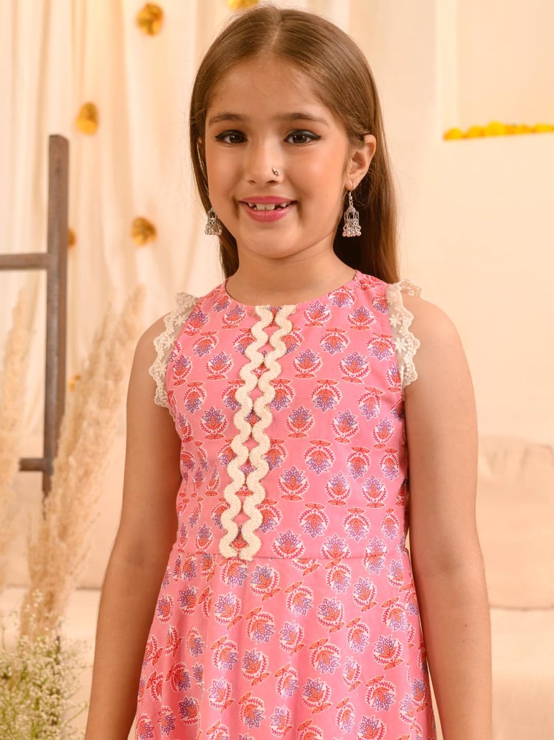 Pspeaches Girls Cotton Sleeveless Round Neck Floral Print Kurta And Pant With Dupatta 3 Piece Set|Ethnic Wear For Kids Girls|Traditional & Festive Outfit 15-16 Year Pink - Image 2