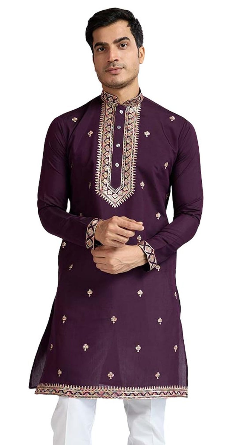 Kalaanj Men's Embroidered Silk Kurta || Only Kurta (KALSS2501MK-Maroon-XXL) - Image 1