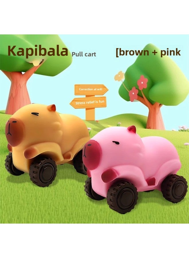 Internet Celebrity Explosions Kapi Balala Pull Cart Stretching Deformation Funny Pinch Music Rebound Decompression Toy Sliding Trolley-Color:Great Value Set Of Two❤Kapibala Truck (brown) + (pink)  - Image 1