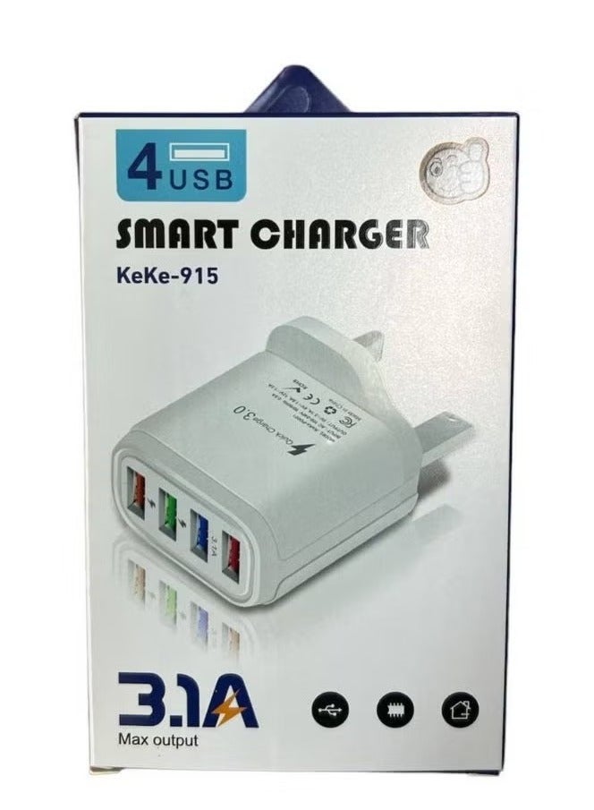 JAJEEK KEKE-915 4-Port USB Smart Charger – High-Speed Multi-Device Wall Charging Hub with Smart IC Technology – Fast & Safe Charging for iPhone, Samsung, Android, Tablets & More – Compact, Overload-Protected USB Adapter for Home, Office, Travel - Image 1
