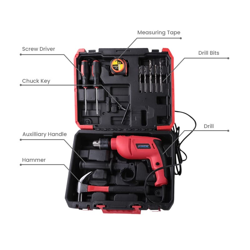 CHESTON Cheston Ultra 13mm Drill Kit 600W Powerful Impact Drill Machine Kit Screwdriver Kit with 13 Pieces Tool Kit and Accessories Drill Bits Tape Hammer Screwdriver  - Image 2