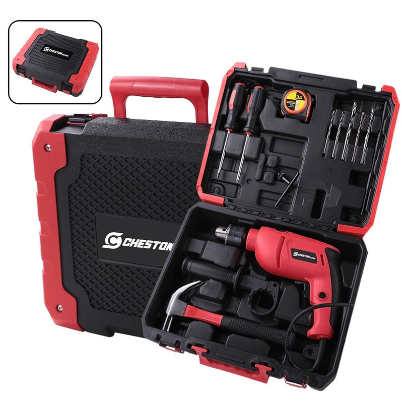 CHESTON Cheston Ultra 13mm Drill Kit 600W Powerful Impact Drill Machine Kit Screwdriver Kit with 13 Pieces Tool Kit and Accessories Drill Bits Tape Hammer Screwdriver  - Image 1