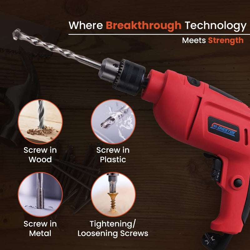 CHESTON Cheston Ultra 13mm Drill Kit 600W Powerful Impact Drill Machine Kit Screwdriver Kit with 13 Pieces Tool Kit and Accessories Drill Bits Tape Hammer Screwdriver  - Image 5