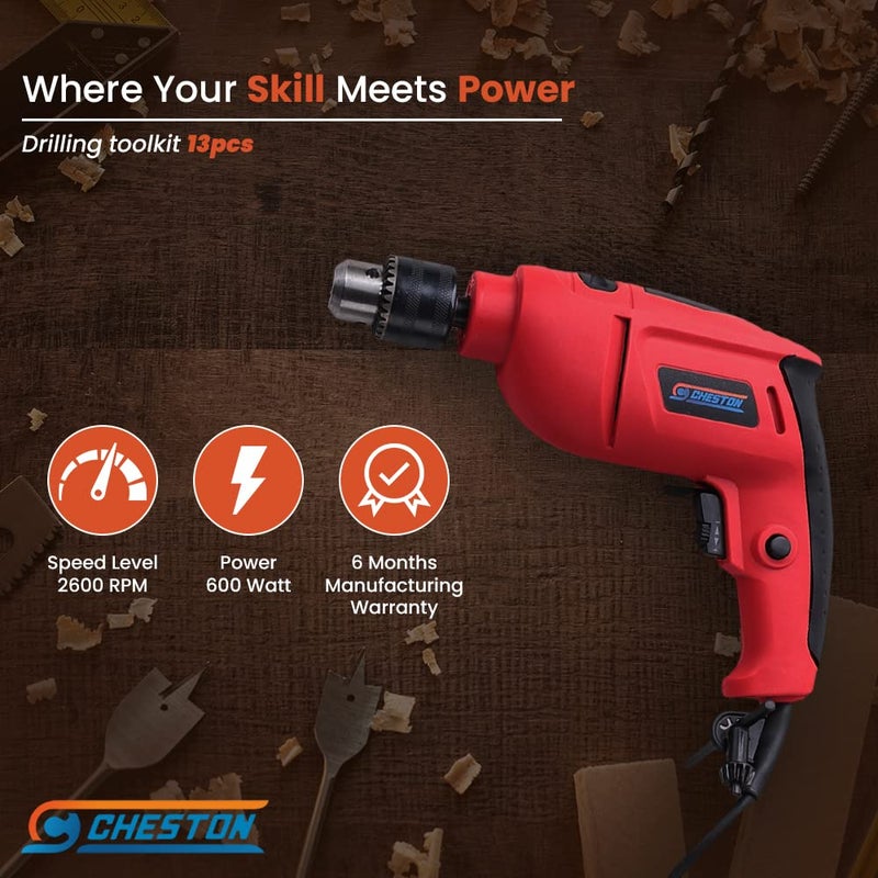 CHESTON Cheston Ultra 13mm Drill Kit 600W Powerful Impact Drill Machine Kit Screwdriver Kit with 13 Pieces Tool Kit and Accessories Drill Bits Tape Hammer Screwdriver  - Image 3