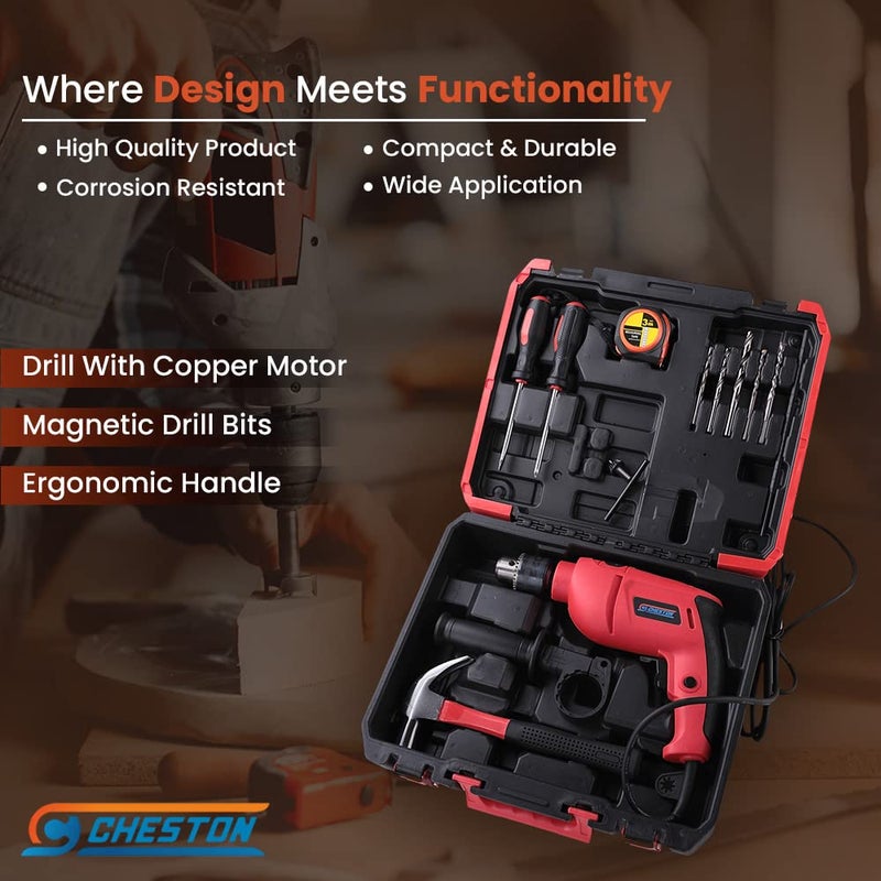 CHESTON Cheston Ultra 13mm Drill Kit 600W Powerful Impact Drill Machine Kit Screwdriver Kit with 13 Pieces Tool Kit and Accessories Drill Bits Tape Hammer Screwdriver  - Image 4