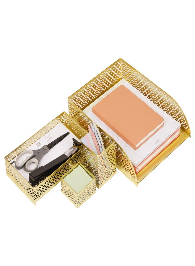 Mind Reader Gold Desk Organizer Set, Includes Pen Cup, Catchall Tray, File Box & Paper Tray, 4-Piece Metal Desktop Accessory Kit - Image 1